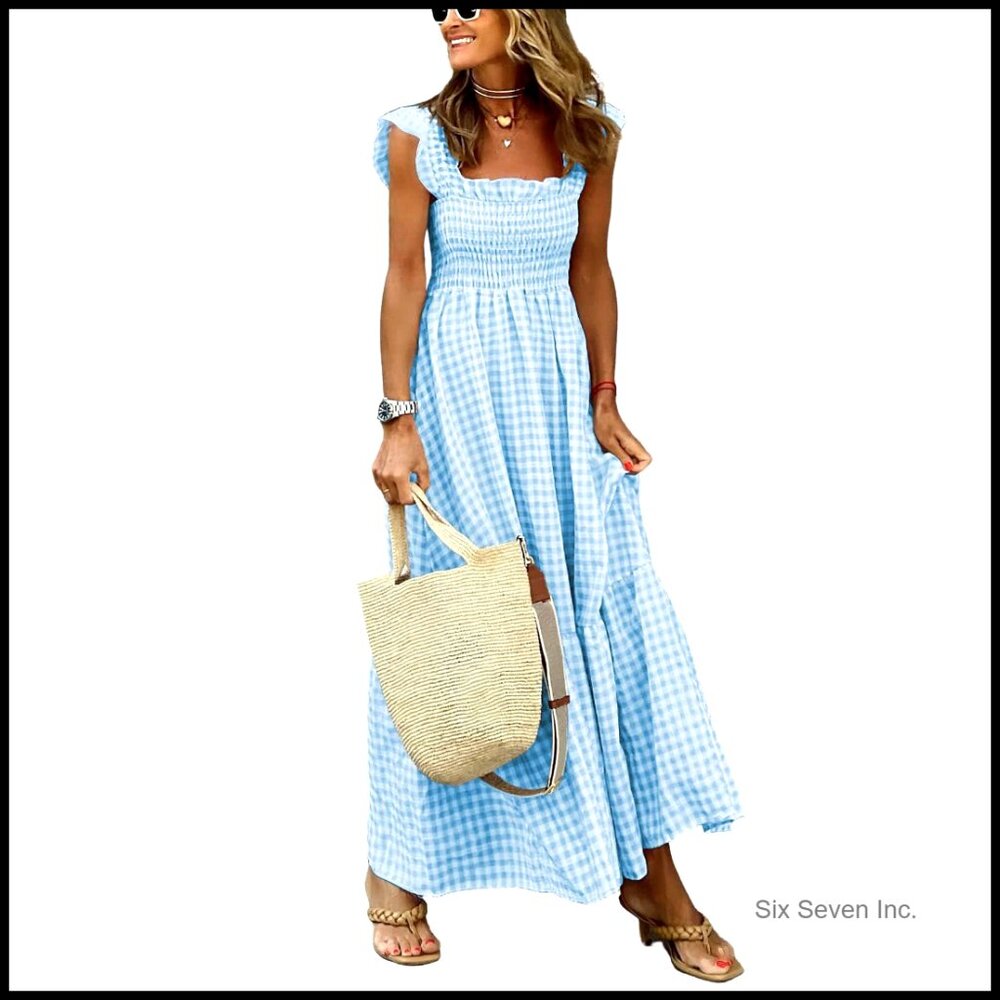 Plaid Maxi Dress Sleeveless Smocked Ruffle Boho Party Beach Gingham Flowy